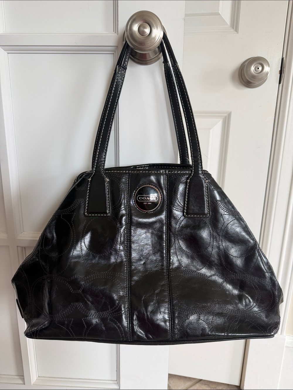 Coach Black Leather Shoulder Bag with Signature Medallion